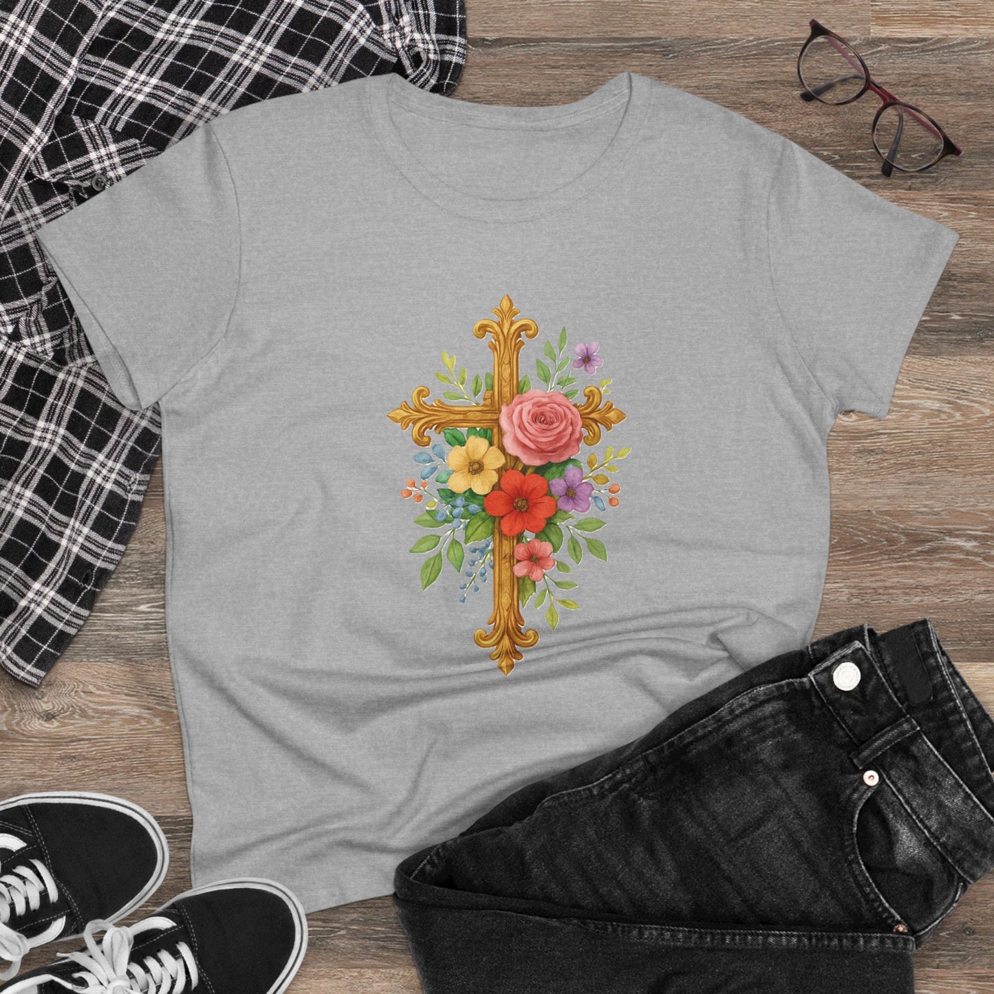 Radiant Floral Cross Women’s T-Shirt – Faith & Beauty in Bloom