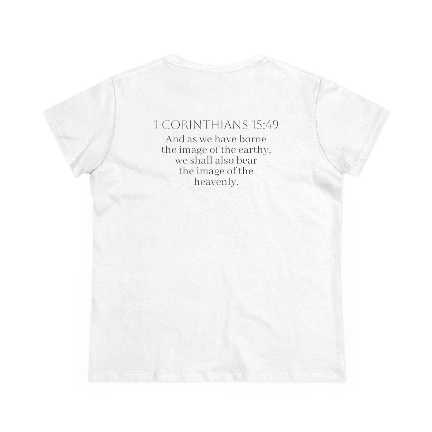 Becoming Women’s Faith Tee – Gold Cross Edition (Dark Lettering, 1 Corinthians 15:49)