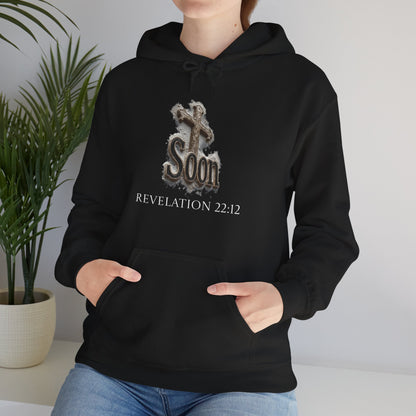 Christian Women’s Hoodie – Soon Cross Hoodie with Revelation 22:12 (White Lettering)