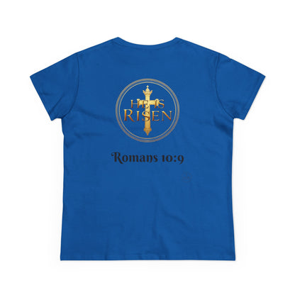 Women’s Romans 10:9 Christian T-Shirt – Jesus Is Lord & He Is Risen (Dark Lettering)