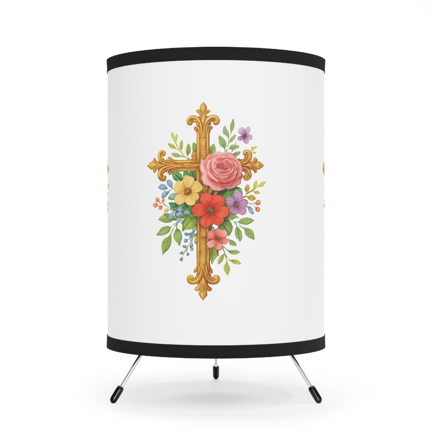 Light of Grace – Floral Cross Tripod Lamp for Faith-Filled Spaces