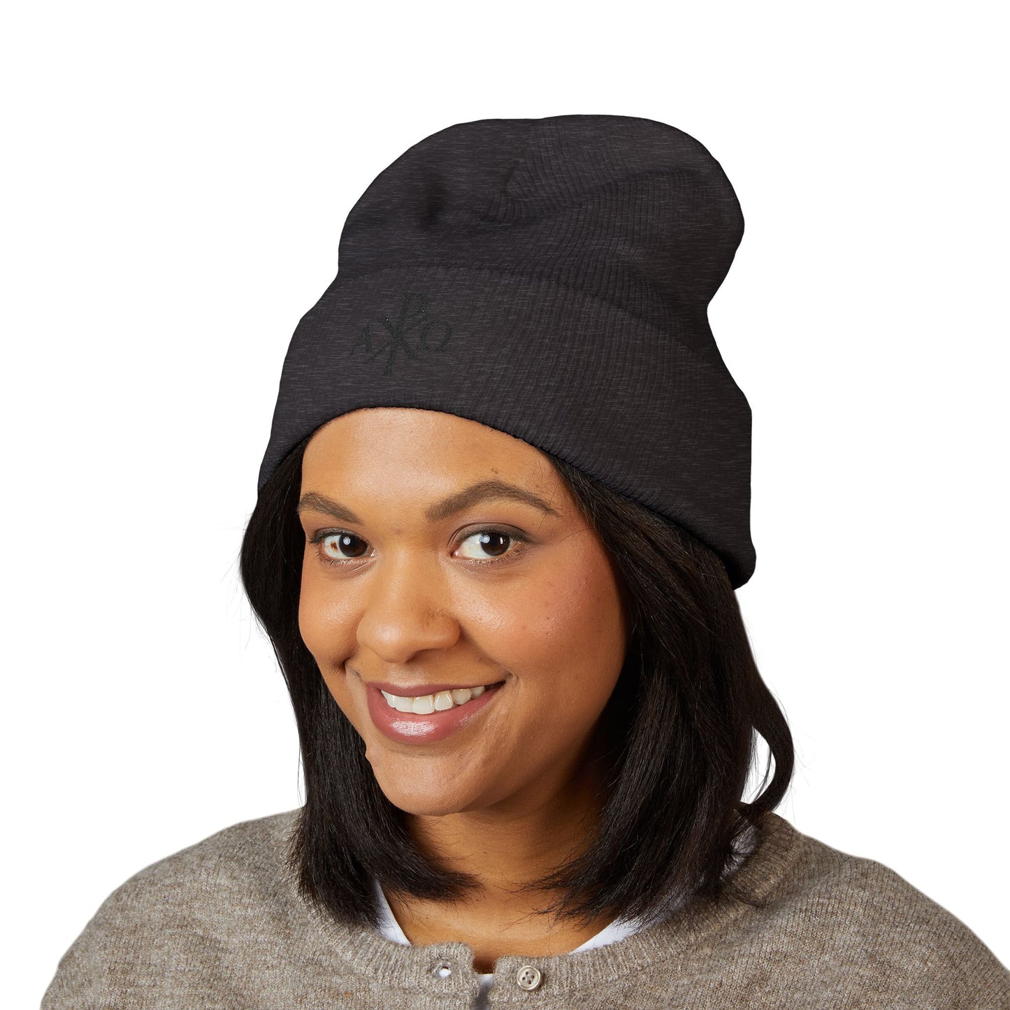 Eternal Light Cuffed Beanie – Black Chi Rho with Alpha & Omega
