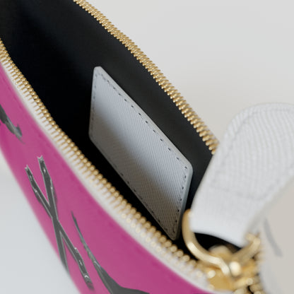 “Shadowed Faith” | Women’s Mini Clutch in Fuchsia – Black Cross with Flanking Crows