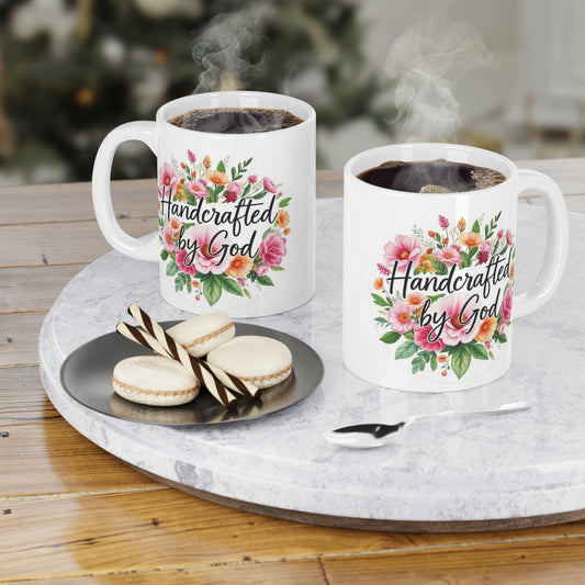 'Handcrafted By God' Floral Christian Mug – 11oz & 15oz Ceramic Faith Gift