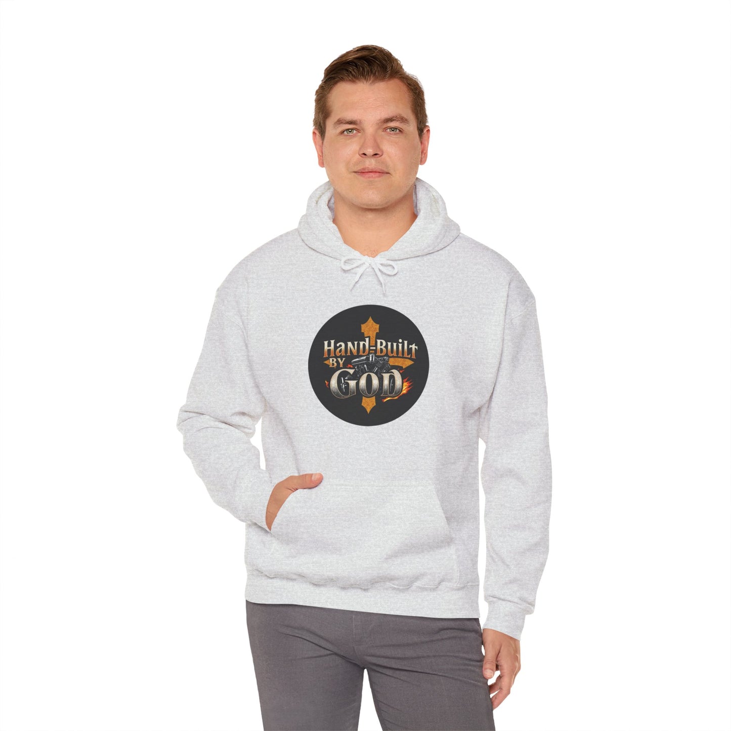 Hand Built by God Men’s Christian Hoodie – Cross & Engine Design