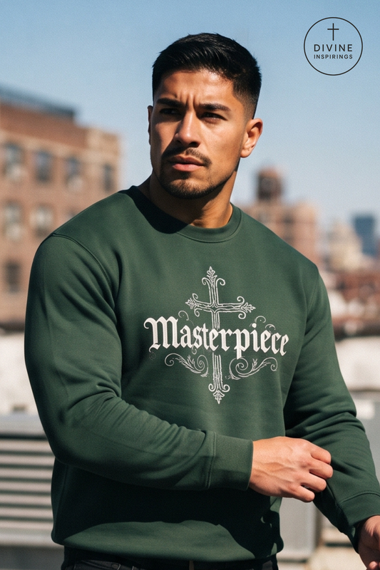 A man wearing a dark green crewneck sweatshirt with a white gothic cross and the word 'Masterpiece' printed on the front, set against a blurred city background. A circular 'DIVINE INSPIRINGS' logo is visible in the top right corner.
