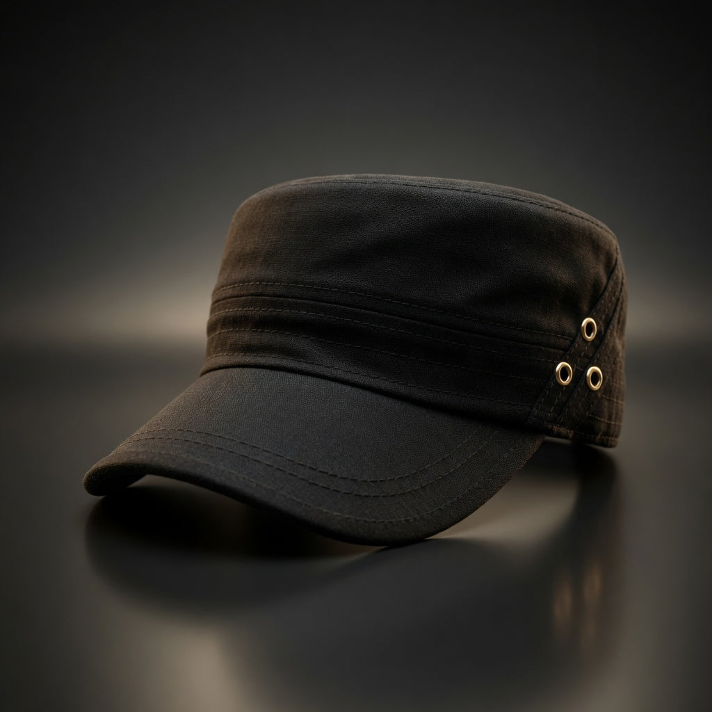 Dark brown cap on a reflective surface with a gradient background
