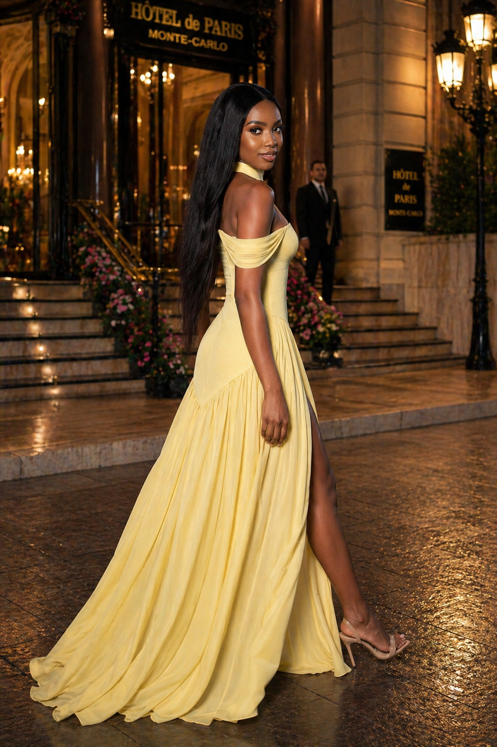 Woman in a yellow evening gown standing in front of Hotel de Paris Monte-Carlo.