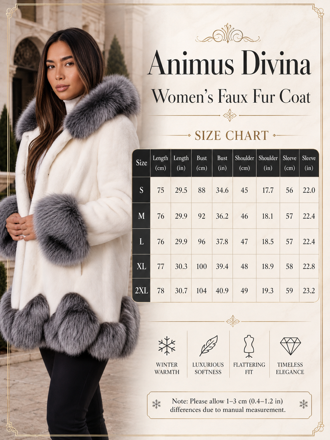 A promotional size chart graphic for the Animus Divina Women's Faux Fur Coat. The left side features a model wearing a white faux fur coat with gray faux fur trim, while the right side contains a size chart table from S to 2XL with measurements in centimeters and inches, along with feature icons for winter warmth, luxurious softness, flattering fit, and timeless elegance.