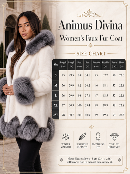 A promotional size chart graphic for the Animus Divina Women's Faux Fur Coat. The left side features a model wearing a white faux fur coat with gray faux fur trim, while the right side contains a size chart table from S to 2XL with measurements in centimeters and inches, along with feature icons for winter warmth, luxurious softness, flattering fit, and timeless elegance.