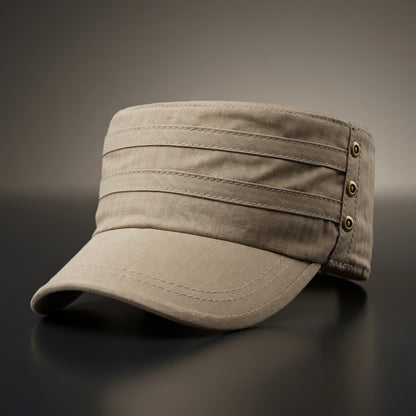 Beige cap with button details on a dark background