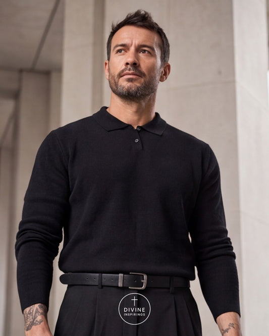 A man wearing a black long-sleeve polo shirt and black trousers, standing against a light beige architectural background. A circular 'DIVINE INSPIRED' logo is visible on the front of the trousers.