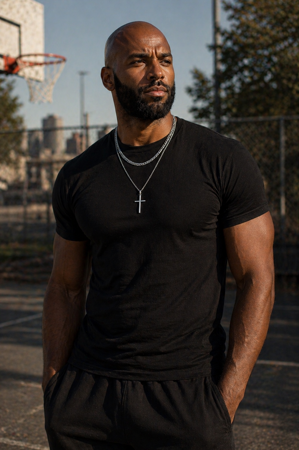 Man wearing a black t-shirt and shorts on a basketball court