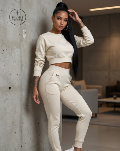 A woman modeling a matching cream-colored activewear set consisting of a cropped long-sleeve sweatshirt and high-waisted jogger pants, posing against a textured concrete wall in a modern indoor setting. The Divine Inspirings brand logo is visible in the top left corner.