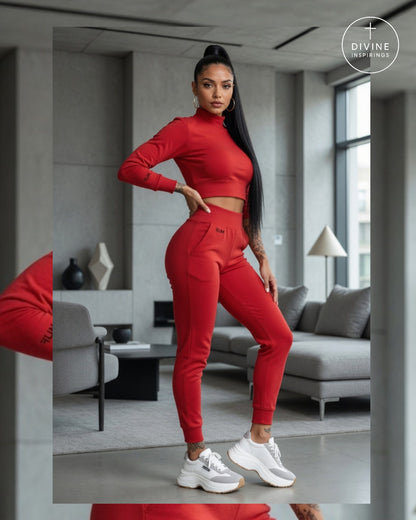 A woman modeling a matching red activewear set consisting of a long-sleeve crop top and jogger pants, paired with white sneakers in a modern living room setting. A circular 'Divine Inspirings' logo is visible in the top right corner.