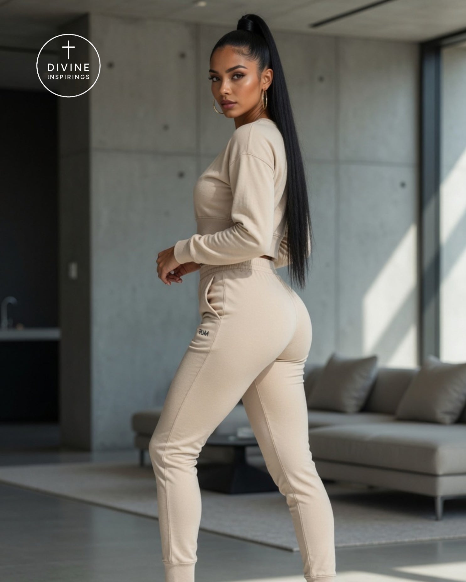 A woman modeling a matching beige long-sleeve crop top and high-waisted leggings set in a modern concrete-walled living room. A circular 'Divine Inspirings' logo is visible in the top left corner.