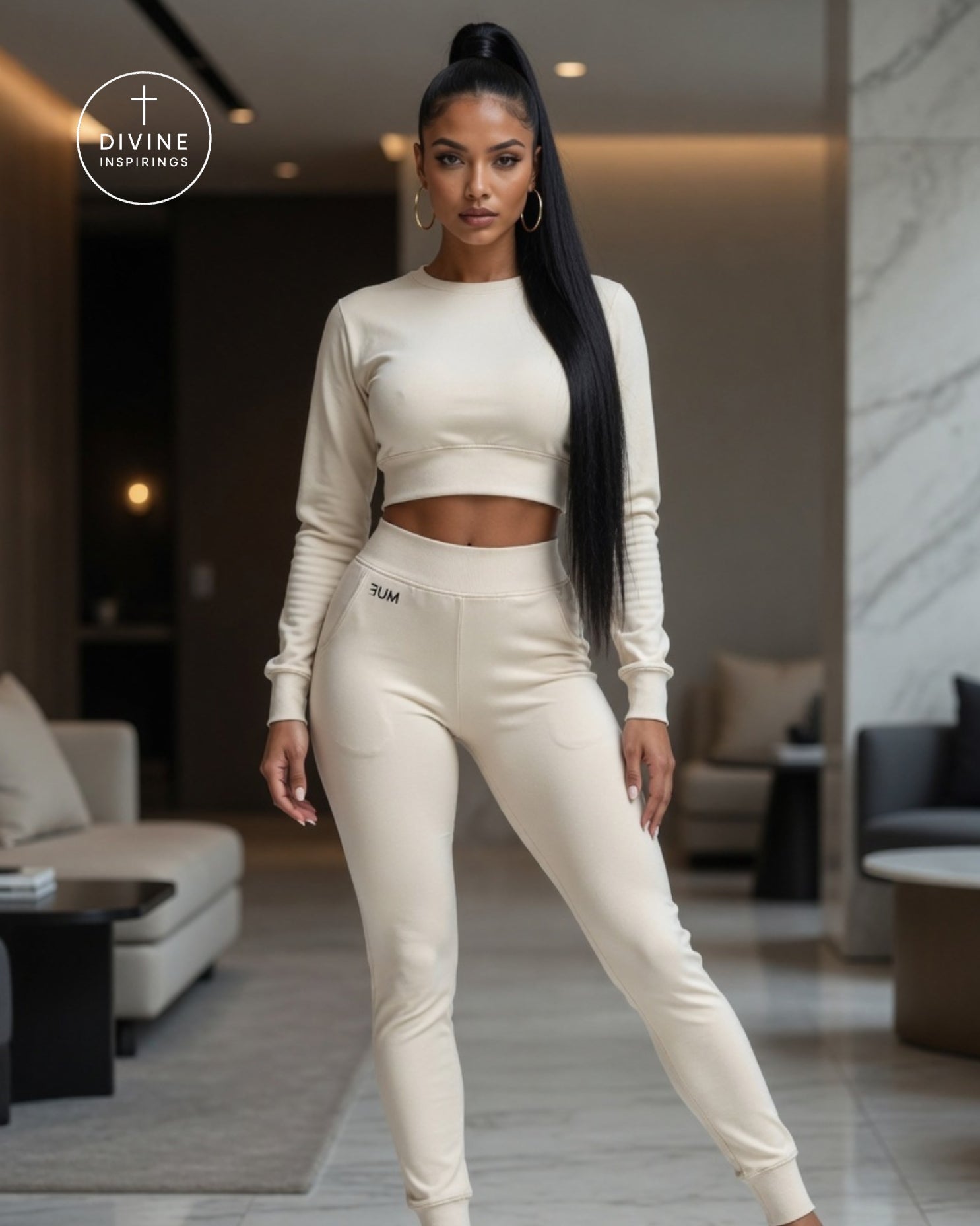 A woman modeling a matching cream-colored two-piece lounge set consisting of a long-sleeve crop top and high-waisted jogger pants, standing in a modern living room. The Divine Inspirings brand logo is visible in the top left corner.