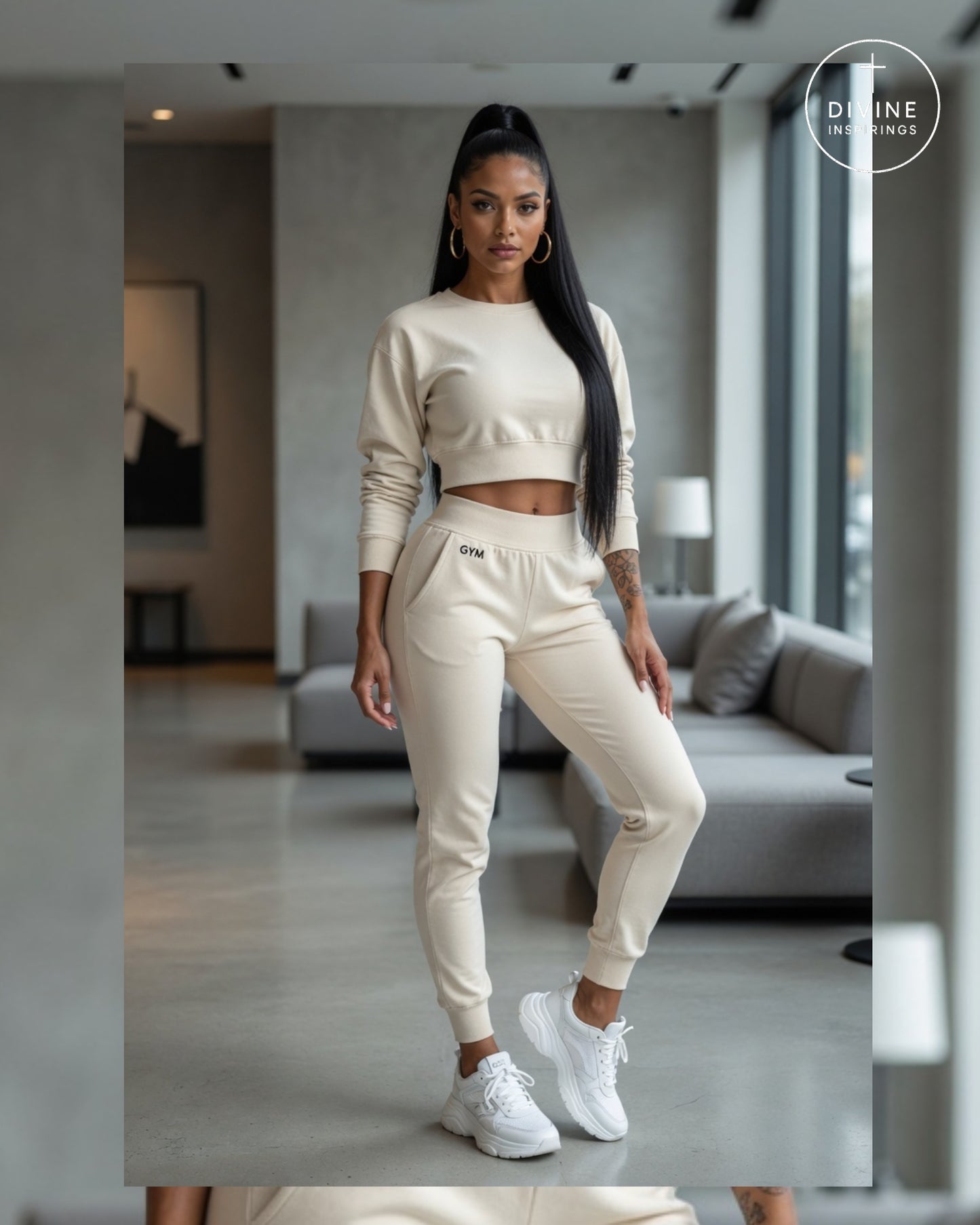 A woman modeling a matching beige two-piece lounge set consisting of a long-sleeve crop top and jogger pants, styled with white sneakers in a modern living room setting.