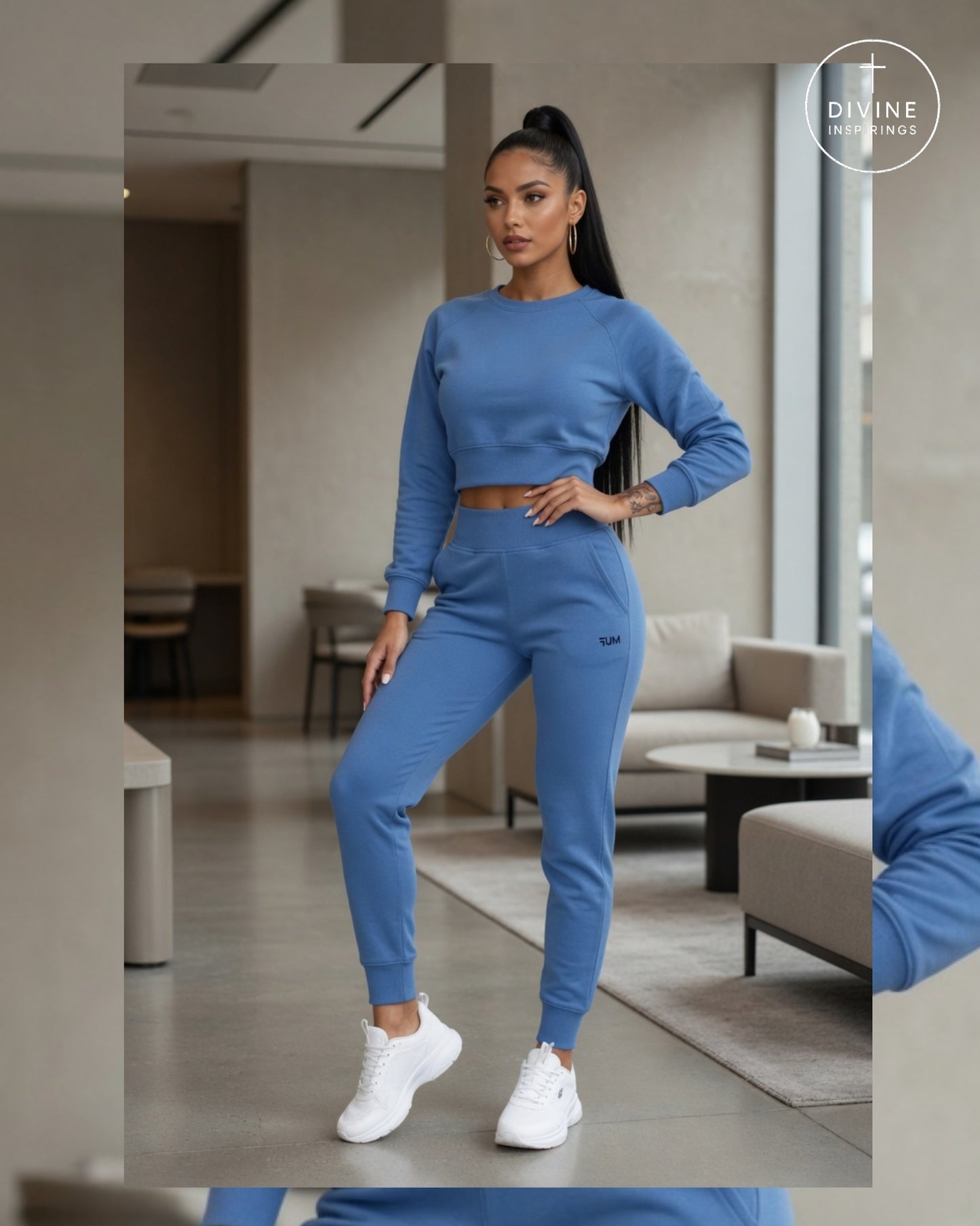 A woman modeling a matching blue two-piece activewear set consisting of a long-sleeve crop top and jogger pants, styled with white sneakers in a modern indoor setting. A brand logo for 'Divine Inspirings' is visible in the top right corner.