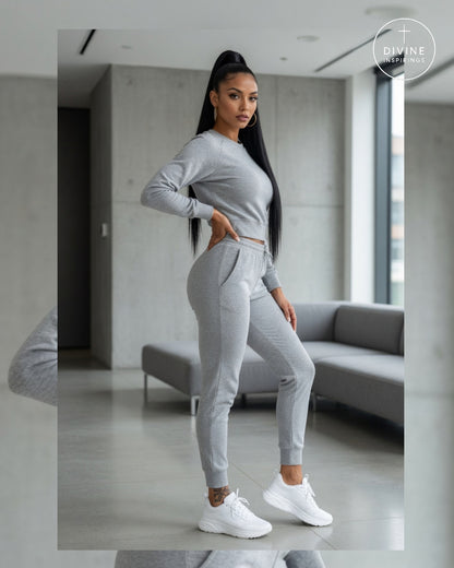 A woman modeling a light gray two-piece activewear set consisting of a long-sleeve cropped top and matching jogger pants, paired with white sneakers in a modern minimalist room.