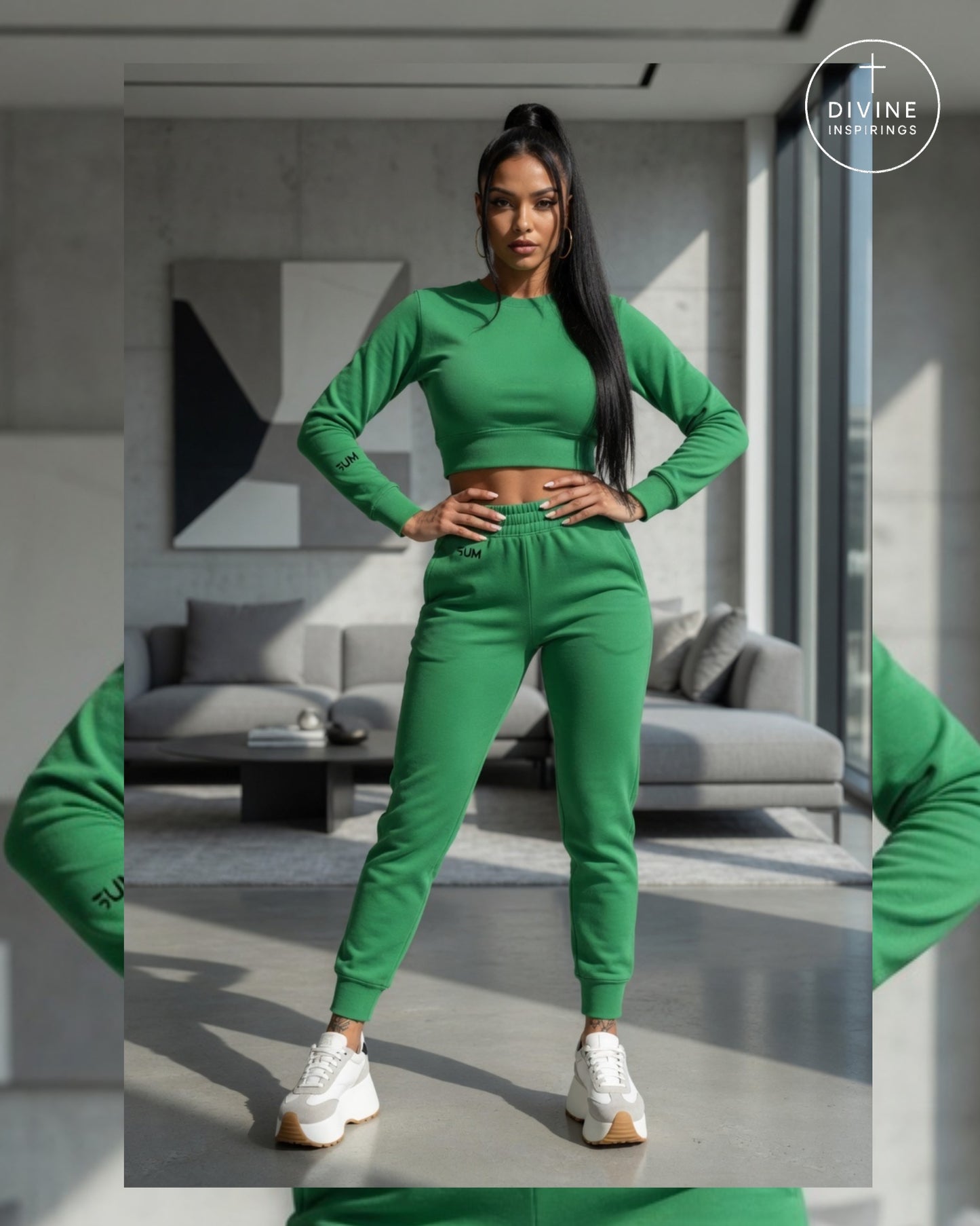 A woman modeling a matching green long-sleeve crop top and jogger pants set in a modern living room setting. She is wearing white sneakers, and a 'Divine Inspirings' logo is visible in the top right corner.