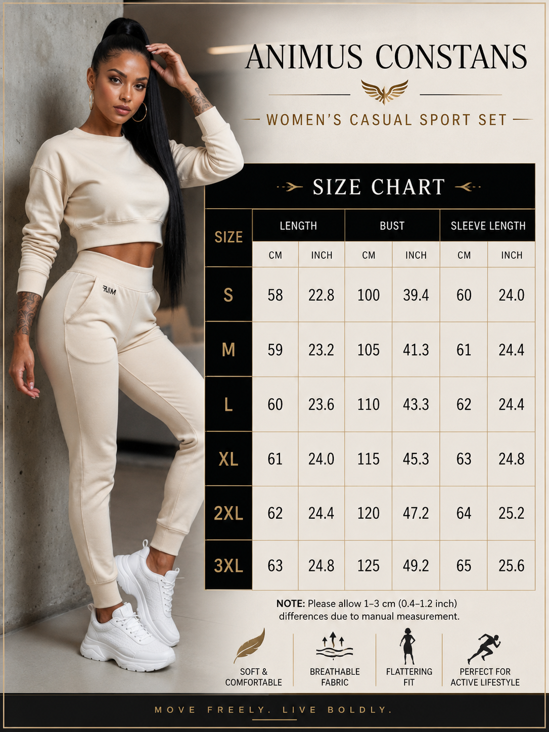 A woman modeling a cream two-piece activewear set stands beside a large size chart for the Animus Constans women's casual sport set. The chart lists measurements for sizes S through 3XL in centimeters and inches for length, bust, and sleeve length.