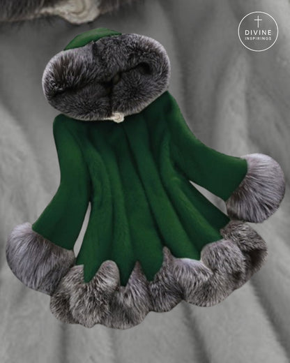 A green hooded garment with gray fur trim around the hood, cuffs, and hem, displayed against a gray fabric background. A circular 'DIVINE INSPIRINGS' logo appears in the top right corner.