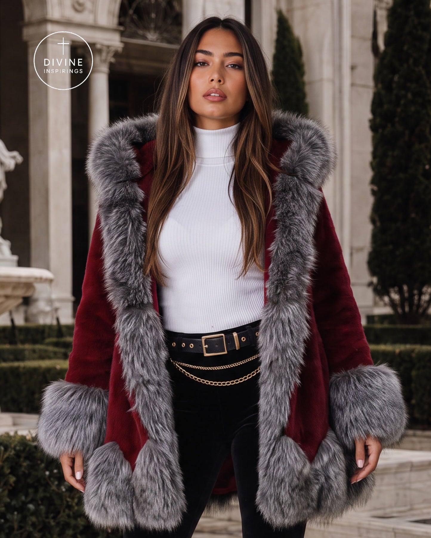 A woman models a luxurious red velvet coat with thick gray faux fur trim, styled with a white ribbed turtleneck, black pants, and a black belt with gold hardware. The background shows a grand classical building with columns and manicured hedges.