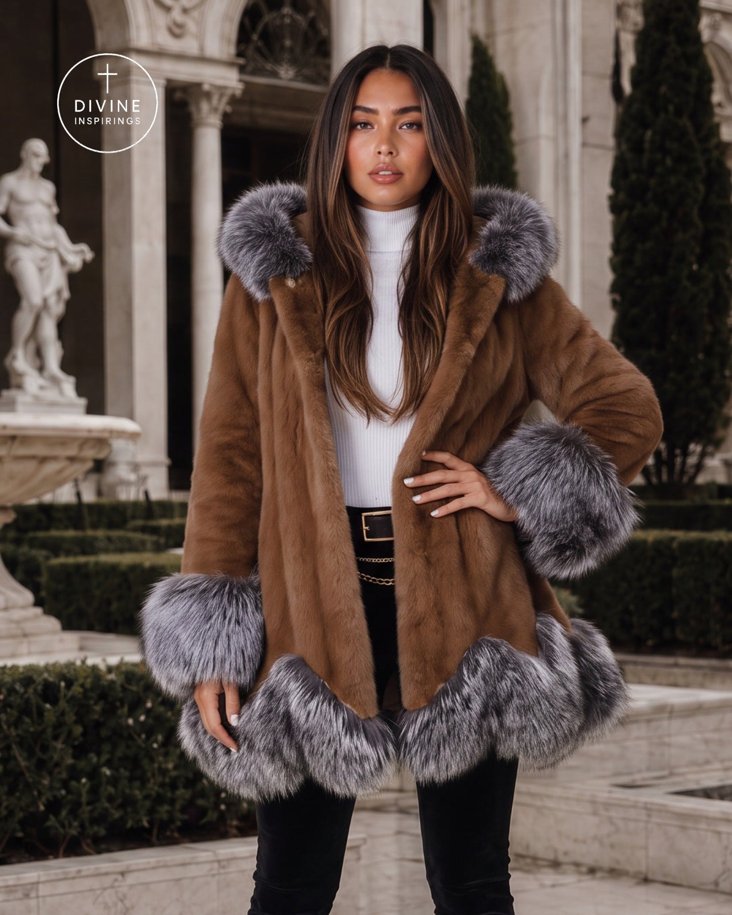 A woman models a brown faux fur coat with gray fur trim, styled with a white turtleneck and black pants in front of a classical stone building.