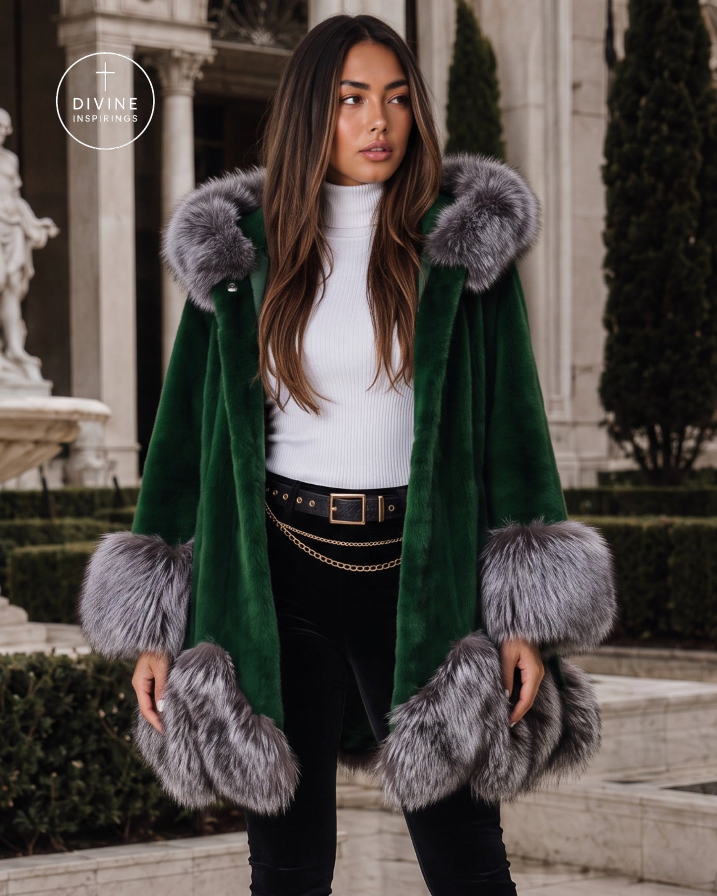 A woman wearing a dark green velvet coat with gray fur trim, styled with a white turtleneck, black pants, and a gold chain belt, standing in front of a grand classical building.