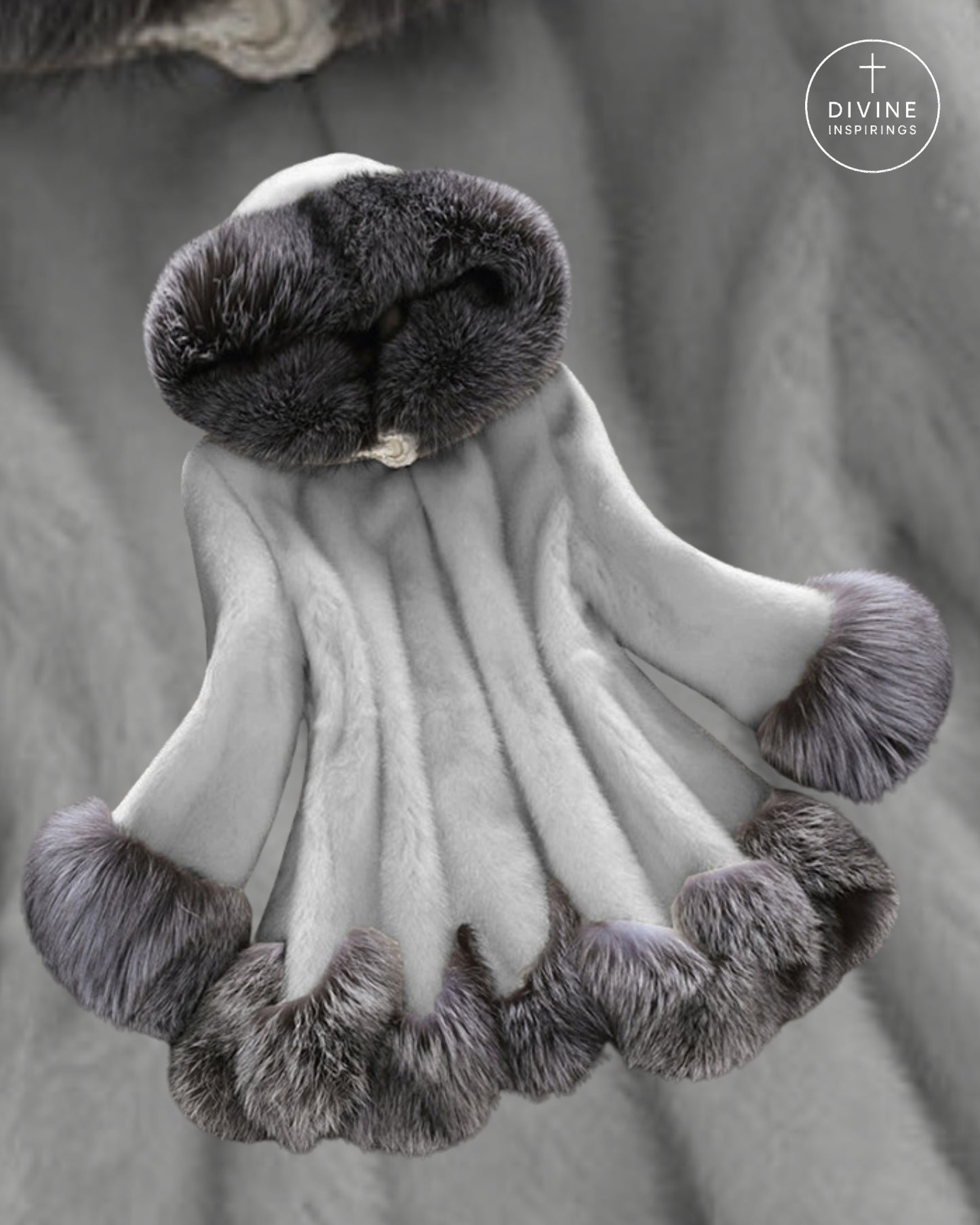 A light gray faux fur garment with dark gray and black fur trim, displayed against a matching gray fabric background. A circular 'DIVINE INSPIRINGS' logo is visible in the top right corner.
