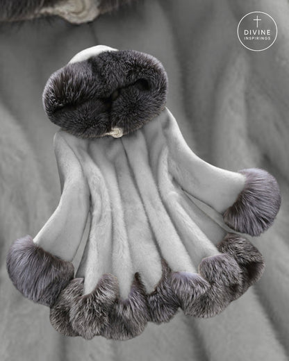 A light gray faux fur garment with dark gray and black fur trim, displayed against a matching gray fabric background. A circular 'DIVINE INSPIRINGS' logo is visible in the top right corner.