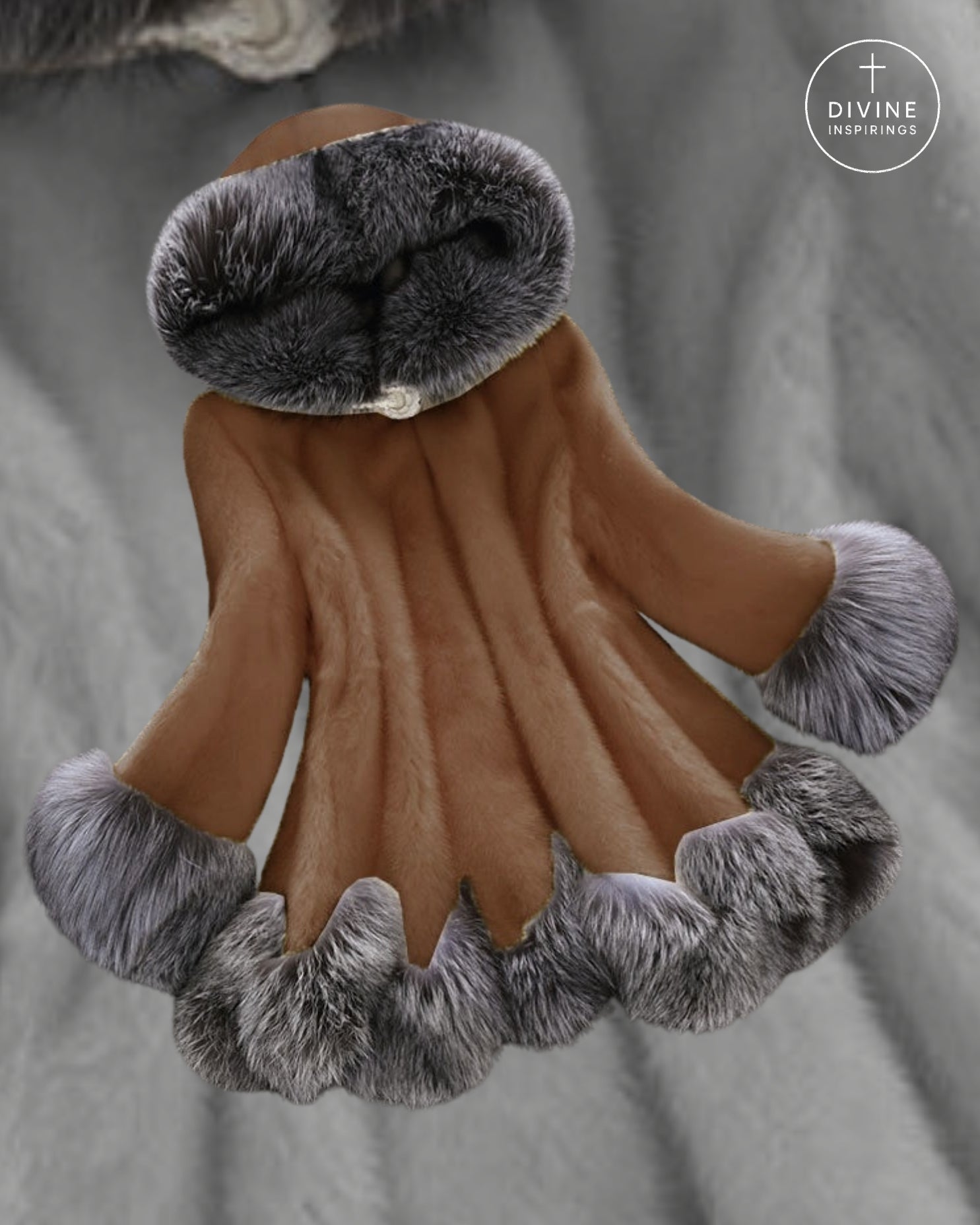 A brown faux fur hooded cape with gray faux fur trim on the hood, cuffs, and hem, displayed against a gray textured background. A DIVINE INSPIRINGS logo is visible in the top right corner.