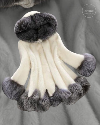A cream-colored faux fur garment with dark gray faux fur trim, including a large collar and cuffs, displayed against a gray textured fabric background.