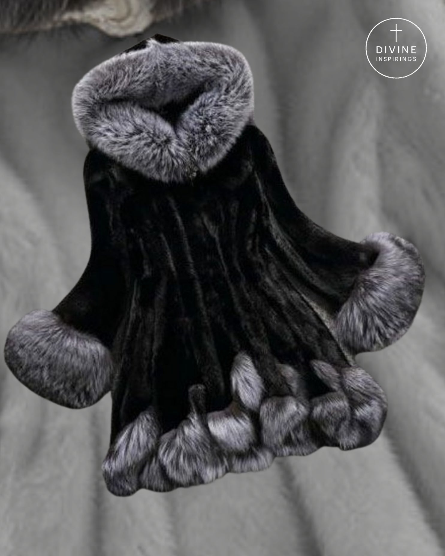 A black fur-trimmed religious habit or cloak with gray fur trim on the collar, cuffs, and hem, shown against a gray fabric background. A circular 'DIVINE INSPIRATION' logo is visible in the top right corner.