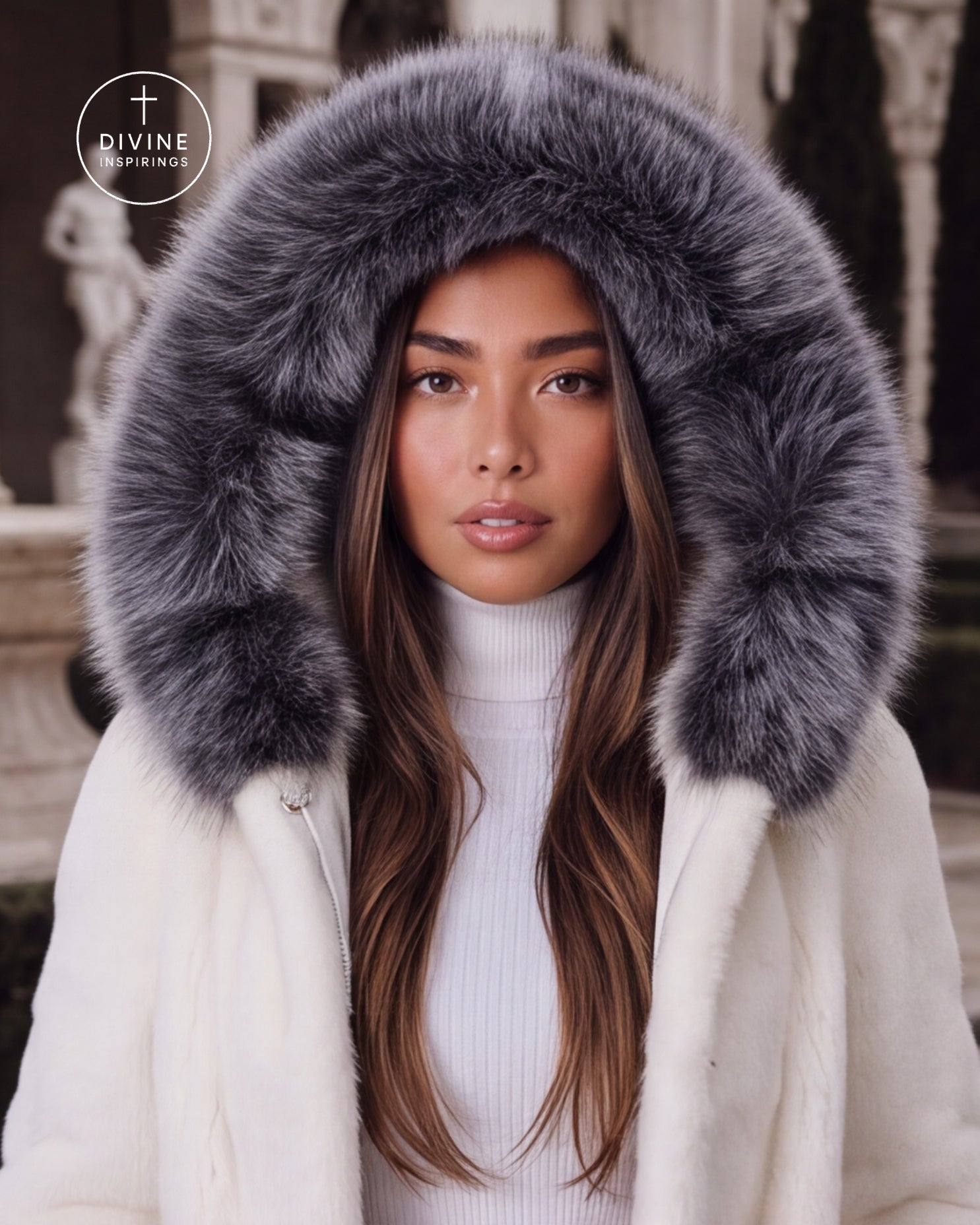 A woman wearing a luxurious white faux fur coat with a large, fluffy gray fur hood trim, posed in front of a blurred classical stone background. A circular 'DIVINE INSPIRINGS' logo is visible in the top left corner.