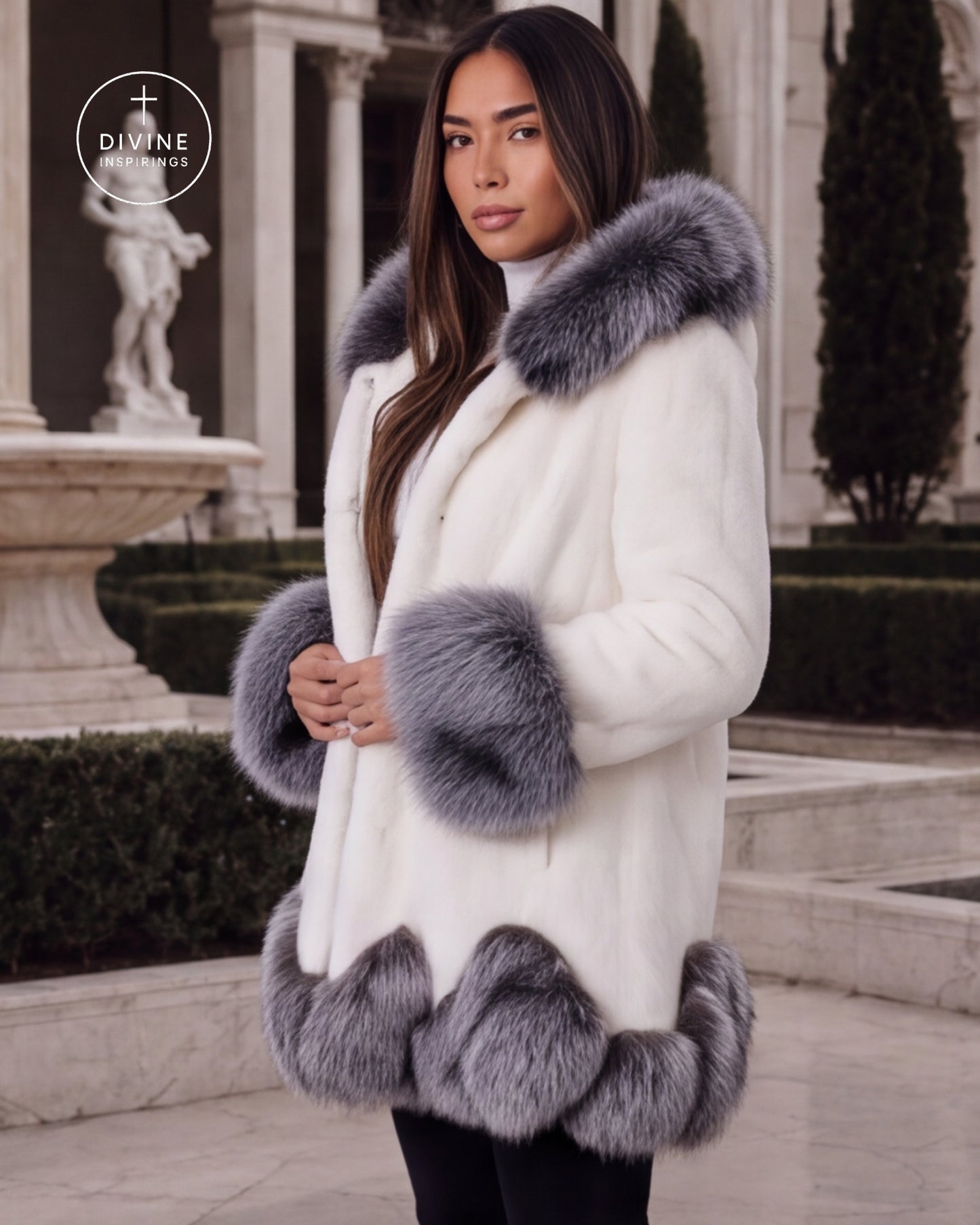 A woman wearing a white faux fur coat with gray fur trim, standing in front of a classical building with columns and a fountain. A circular logo for DIVINE INSPIRINGS
