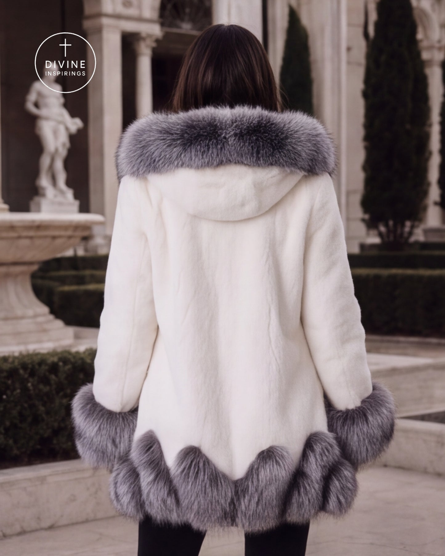 A woman viewed from behind wearing a white faux fur coat with a large gray fur hood trim and matching gray fur cuffs, standing outdoors in front of a classical building with columns and statues.