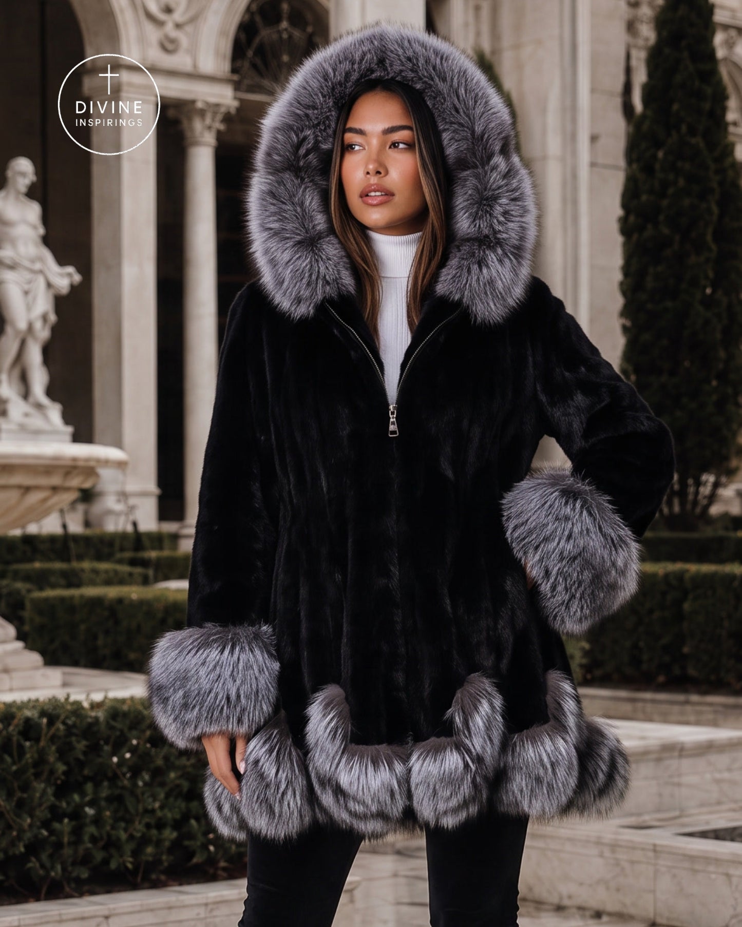 A woman wearing a black faux fur coat with a large gray fur-trimmed hood, cuffs, and hem, standing outdoors in front of a classical building with columns and hedges. A circular 'DIVINE INSPIRINGS' logo is visible in the top left corner.