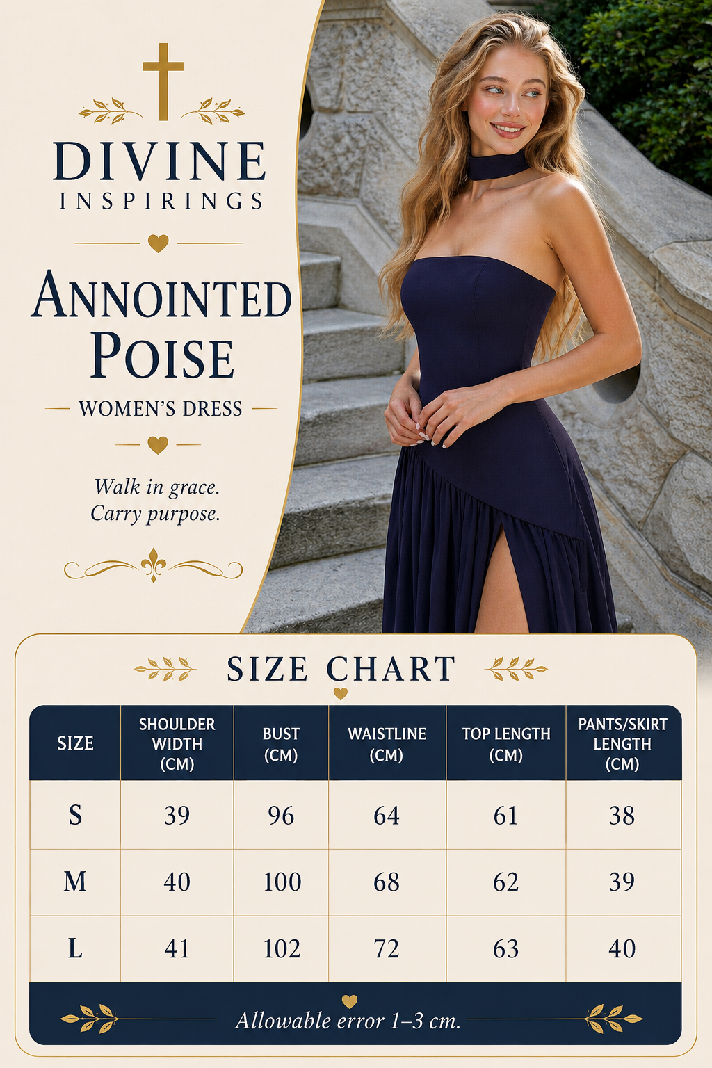 Woman wearing a navy strapless dress with a size chart on a decorative background