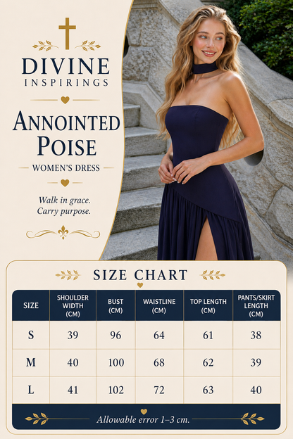 Woman wearing a navy strapless dress with a size chart on a decorative background