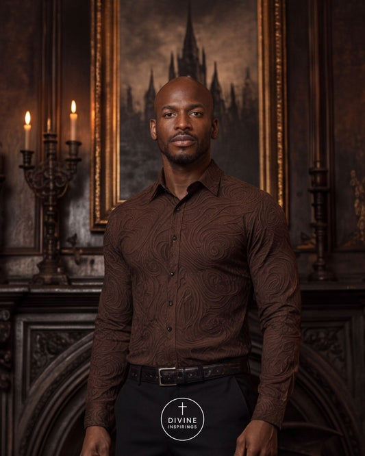 A man wearing a dark brown long-sleeve button-up shirt with an embossed paisley pattern, standing in a dark, gothic-style room with a candelabra and framed artwork in the background.