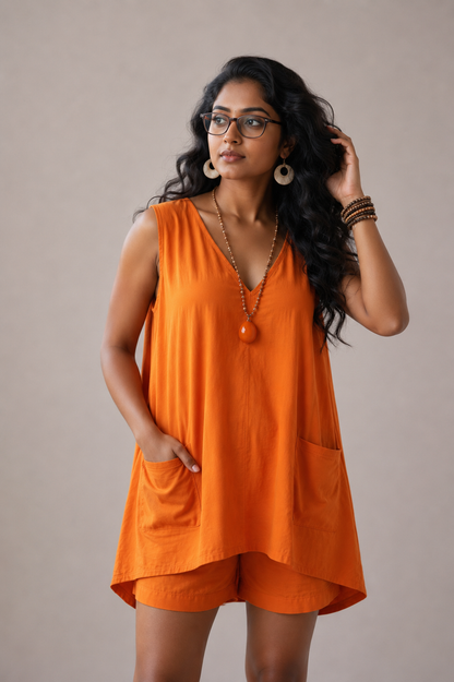 Woman wearing an orange dress with a plain background