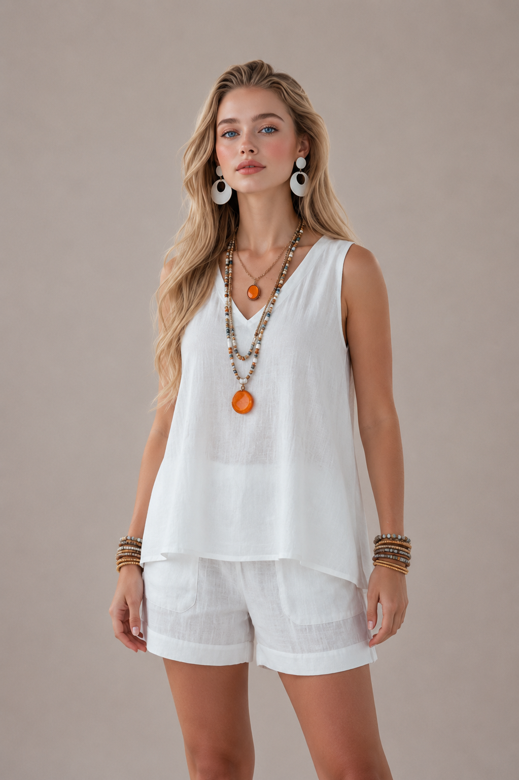 Woman wearing a white sleeveless top and shorts with layered necklaces against a beige background
