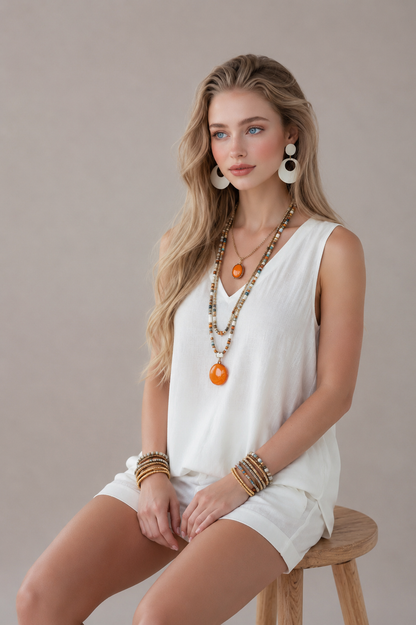Woman sitting on a stool wearing a white sleeveless top and shorts, with layered necklaces and earrings.