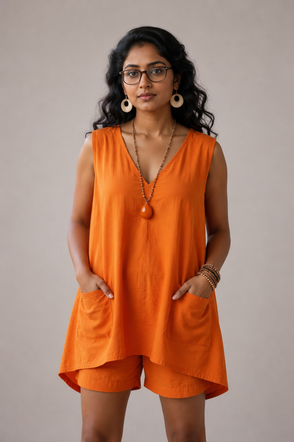 Woman wearing an orange sleeveless top and shorts with a plain background