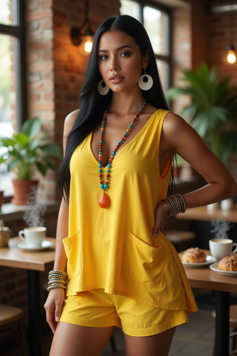 Woman in a yellow outfit standing in a cafe with tables and plants in the background