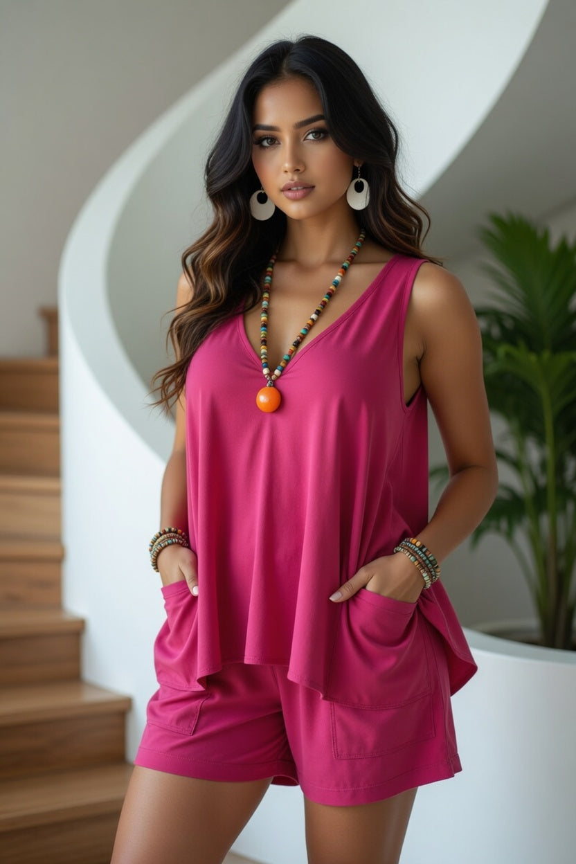 Woman wearing a pink outfit with a necklace, standing in a modern interior setting.