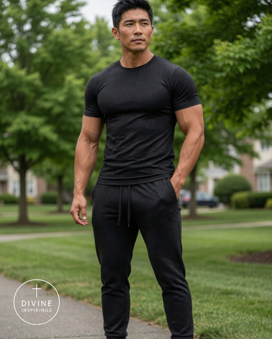 A muscular man wearing a black ribbed short-sleeve t-shirt and matching black ribbed jogger pants stands on a paved path in a park with green grass and trees in the background. A circular 'DIVINE INSPIRINGS' logo is visible in the bottom-left corner.