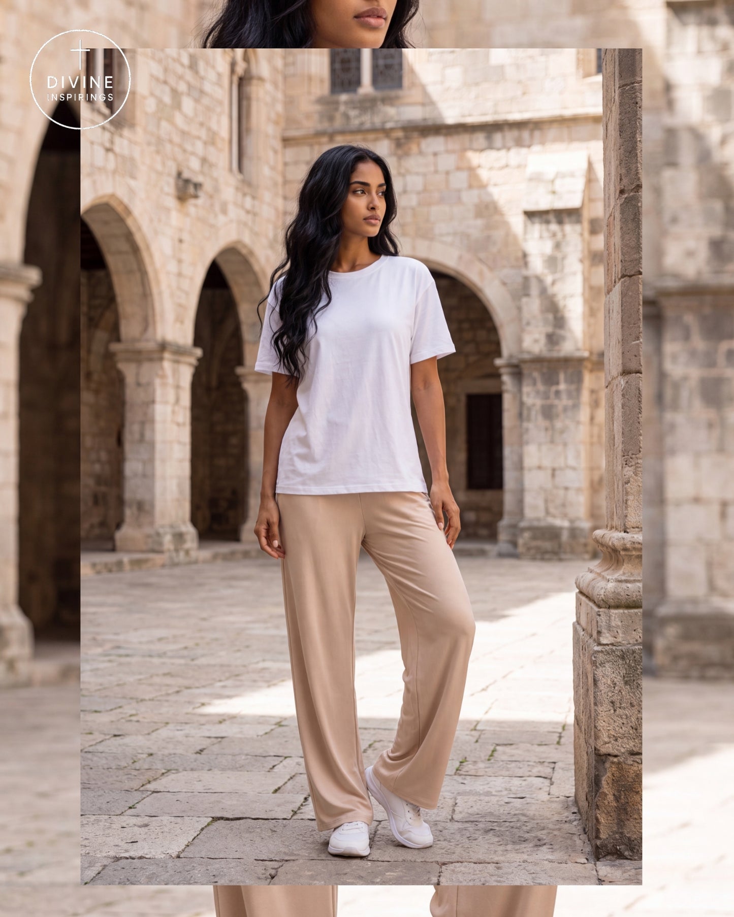 A woman stands in a stone courtyard wearing a white short-sleeve crewneck t-shirt and beige wide-leg trousers, with white sneakers. The image has a vertical layout with a blurred duplicate of the model on the left and right sides, and a circular 'Divine Inspirings' brand logo in the top-left corner.